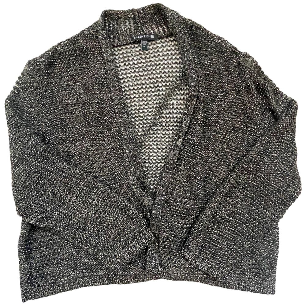 Eileen Fisher Linen Blend Metallic Open Knit Cardigan M Sheer Lightweight